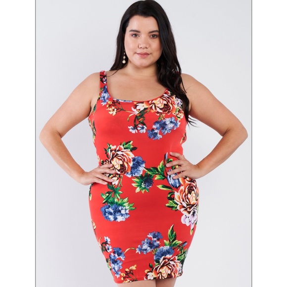 Red Ruched Floral Print Mini Dress Plus Size 1x 2x 3x 14 16 18 - Picture 2 of 5